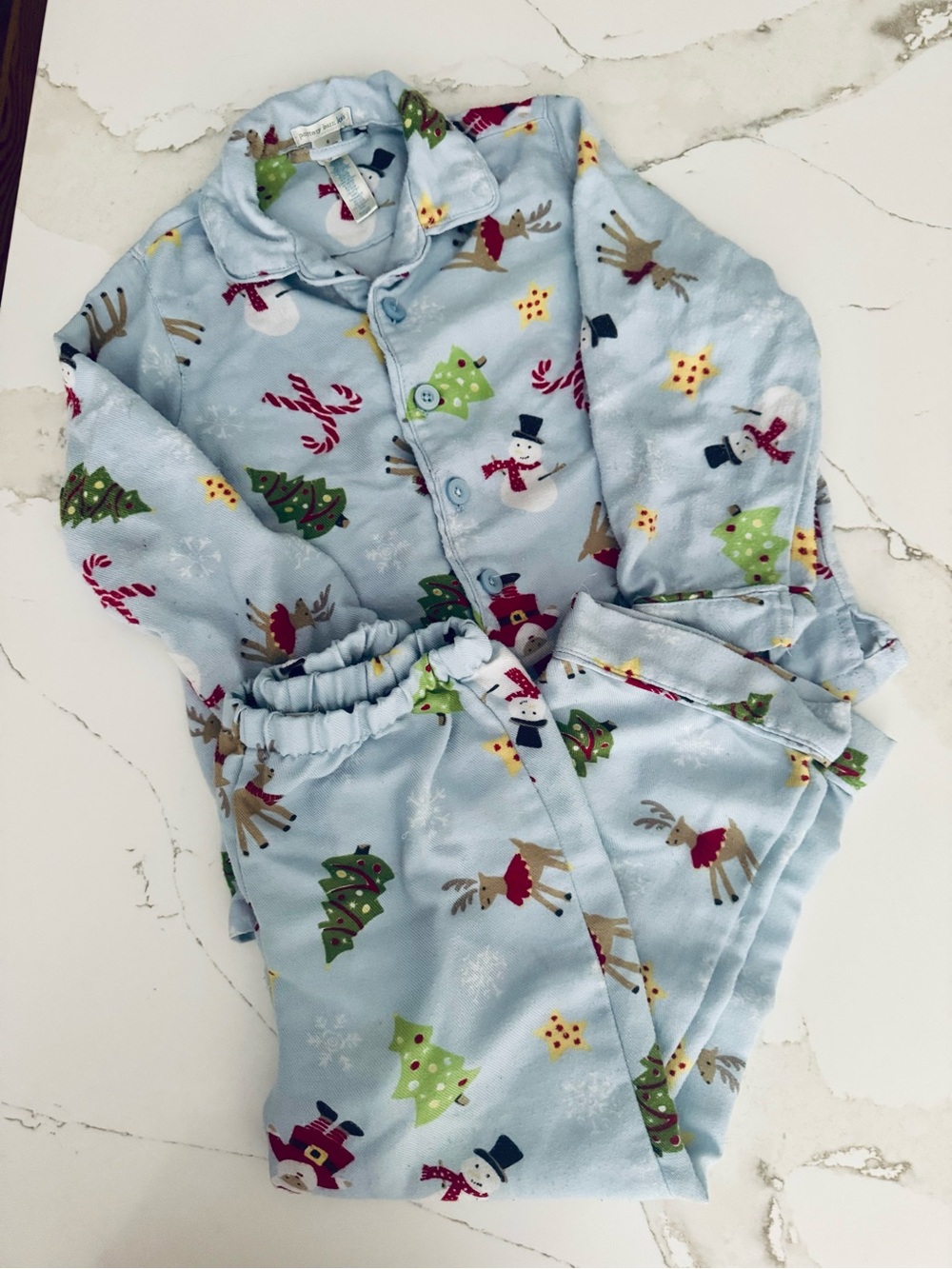 Pottery Barn Kids Light Blue Holiday Fleece Pajama Set Snowman Christmas Sz 6
